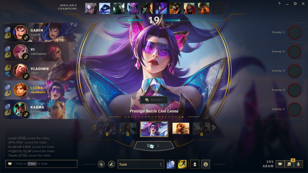 League ARAM lobby with Garen, Vi, Vladimir and Karma selected, Leona highlighted, and a ten-champion available pool